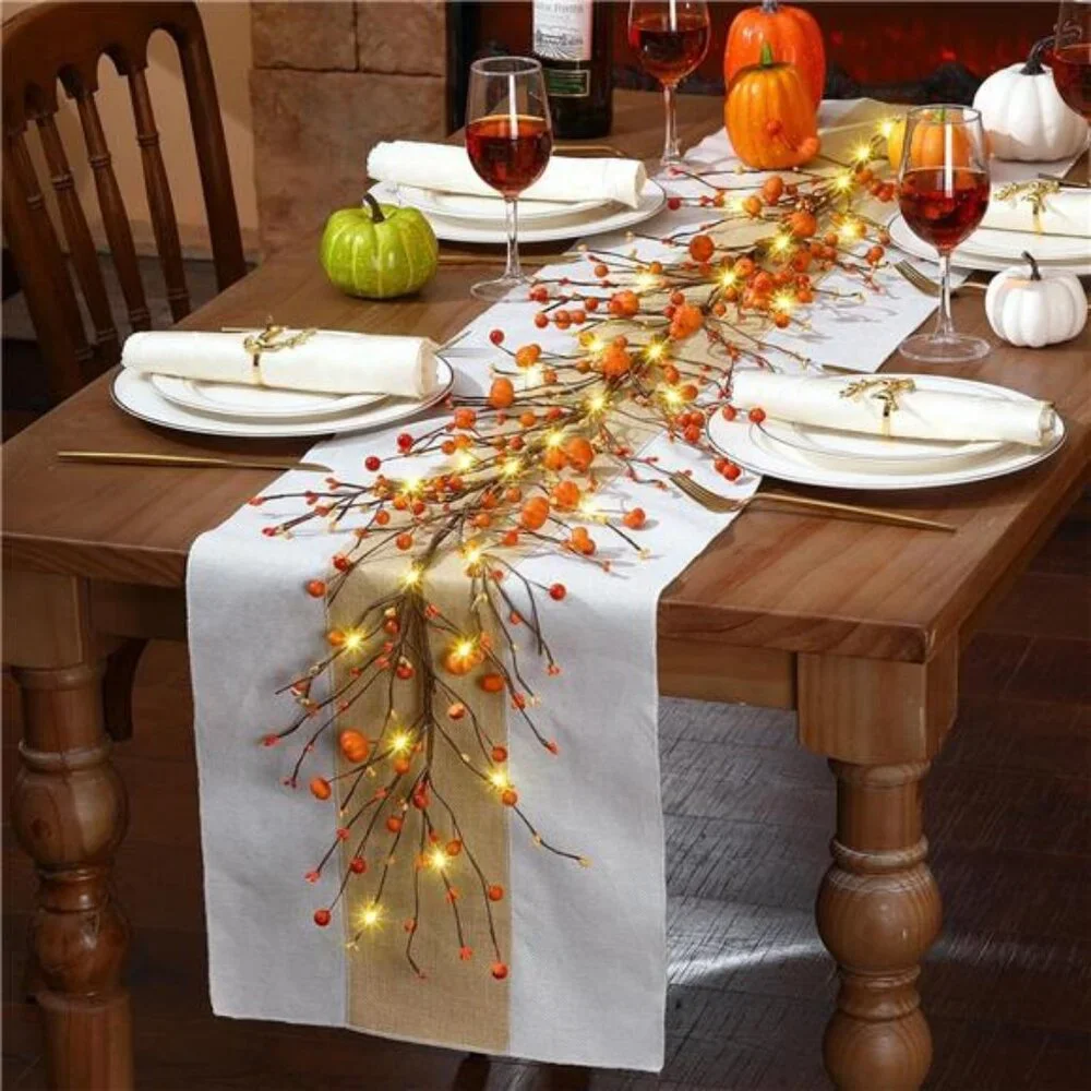 59 Inches Fall Garland with Lights Artificial Autumn Garland with Pumpkin